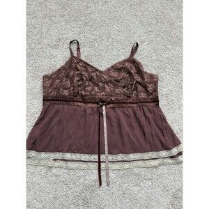 Y2K Lane Bryant Babydoll Top Women 28‎ Burgundy Tan Lace Tie Waist Cami Romantic